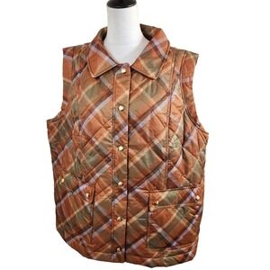 Talbots Plus Quilted Plaid Vest Womens 2X Orange Blue Green Gold Buttons Pockets